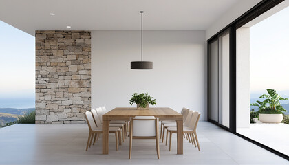Fototapeta premium Modern dining area with ocean view, featuring minimalist design, natural elements, and abundant sunlight.