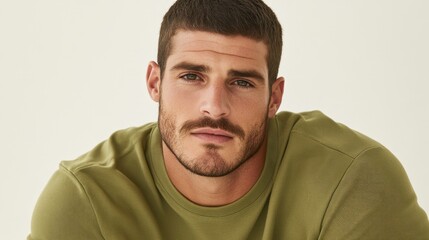 Obraz premium A serious young man gazes into the camera, showcasing strong facial features and a fashionable olive-green shirt, This image is ideal for fashion, lifestyle, and advertising content,