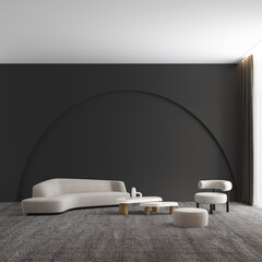 Home and decor and modern living room interior design and white sofa and arch black pattern wall...