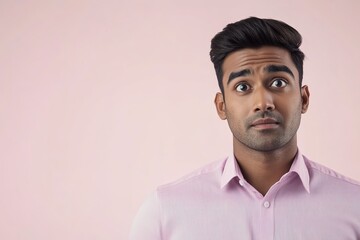 Obraz premium Pensive man in pink shirt, looking up with raised eyebrow