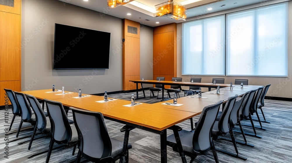 Poster bright and practical meeting room with collapsible tables and digital tools for seamless