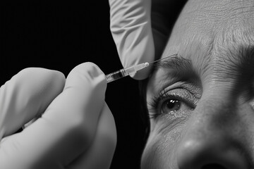 Obraz premium close up of gloved hands administering injection near eyebrow, showcasing cosmetic procedure. focus is on precision and care in aesthetic treatments
