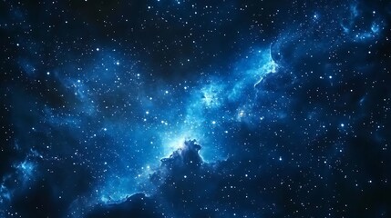 A reflective nebula casting a blue glow with clusters of stars scattered throughout