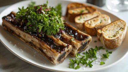 Grilled Bone Marrow with Oxtail Jam and Sourdough, Rich Appetizer Photography