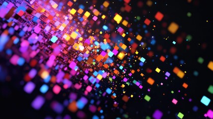 Naklejka premium A colorful abstract design with scattered pixel dots in various sizes and hues, creating a dynamic digital composition