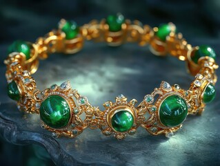 Design a stunning portrayal of a radiant charm bracelet made of gold and jade