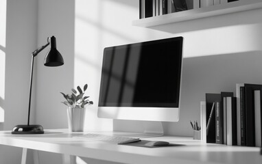 A close-up of an computer on a white desk in a black and white modern interior, with a black lamp, books, a white wall, and a black screen mockup