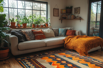 Cozy Living Room with Sectional Sofa and Plants