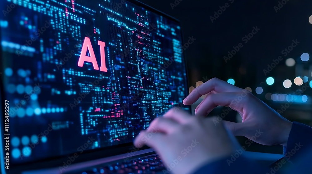 Poster engaging with artificial intelligence technology on a laptop in a modern setting
