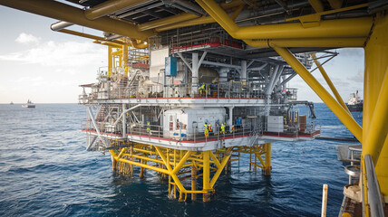 Fototapeta premium Offshore Oil and Gas Platform - Industrial Energy Facility with Marine Drilling Rig, Petroleum Extraction Operation, Ocean-Based Infrastructure, Dramatic Sky, High-Impact Energy Scene, Engineering 