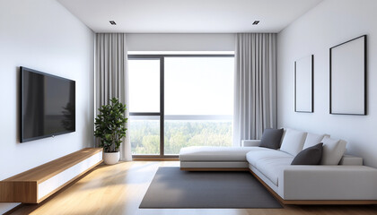 Fototapeta premium Modern minimalist living room interior with a cozy white sofa, large window, and potted plant, creating a bright and inviting atmosphere.