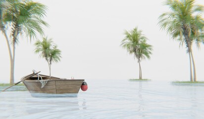 Naklejka premium Wooden boat floating in the sea, sunset, 3D illustration