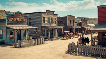 Old Rustic Antique Western Town - Historic Architecture with Wooden Buildings, Various Businesses, Saloon, General Store, Dusty Streets, Vintage Frontier Atmosphere, Nostalgic Americana Scene, Wild 
