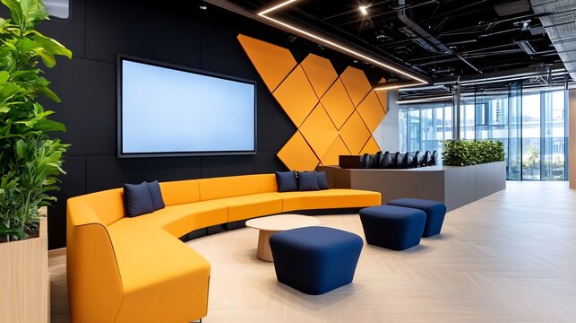 Sleek and Minimalist Meeting Room with Angular Decor and Digital Screen for Corporate Presentations