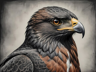 charcoal and pencil drawing portrait of a harris hawk in profile in muted dark colors