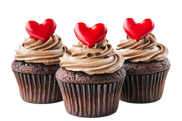 a group of chocolate cupcakes with frosting and red hearts