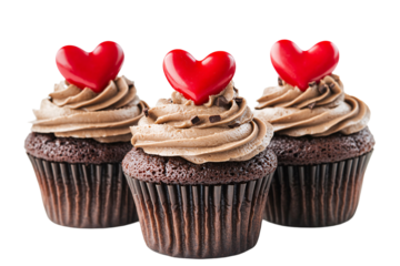 a group of chocolate cupcakes with frosting and red hearts