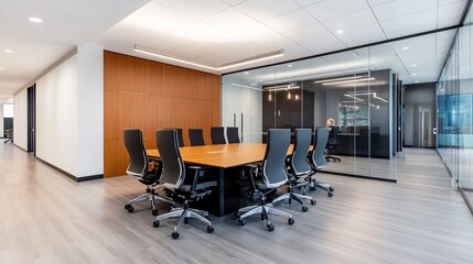 Open-concept Corporate Meeting Room with Glass Walls and Sleek Furnishings
