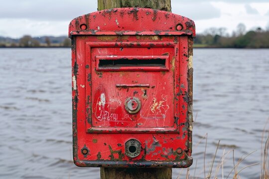 Weathered red parcel post box by the lake surrounded by nature in a cloudy afternoon