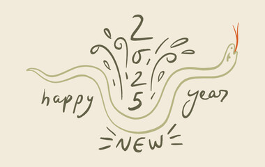 Banner Of Green Wooden Snake Lunar Chinese New Year 2025 Holiday Funky Groovy Postcard Illustration Cartoon Humor Boho Childish Drawing. Vector Christmas Animal Kids Stylized Concept With Lettering