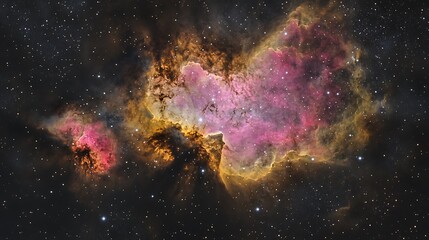 A radiant nebula with clouds of pink and gold illuminated by intense starlight