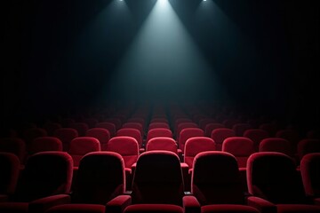 Empty movie theater with spotlight casting a solitary beam on the stage, symbolizing the power of imagination and the potential for new beginnings in a quiet, reflective space.