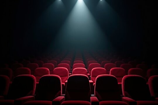 Empty movie theater with spotlight casting a solitary beam on the stage, symbolizing the power of imagination and the potential for new beginnings in a quiet, reflective space.