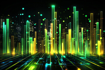 Digital visualization of vibrant data graphs with glowing bars and dots, representing capital allocation and financial analysis in futuristic cityscape