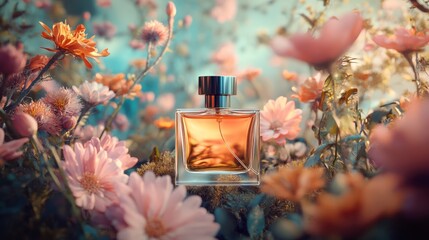 A delicate fragrance bottle stands prominently among vibrant flowers in a beautiful garden. The soft petals and colorful blooms create a tranquil atmosphere, perfect for relaxation