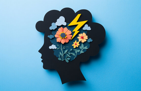 Silhouette of a  head with flowers and thunderstorm on a blue background. Concept template banner of depression, premenstrual syndrome, mental disorders and mental problems with space for text