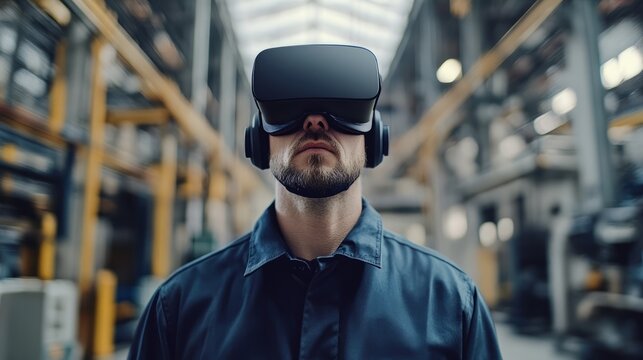 In an industrial space filled with machinery, a man is fully engaged in virtual reality, wearing a VR headset and headphones. The atmosphere reflects advanced technology and innovation