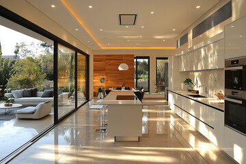 Modern Kitchen Design With Island And Outdoor View