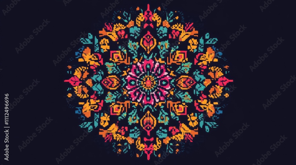 Poster a colorful pixelated folk art mandala design, with symmetrical patterns and vibrant hues arranged di