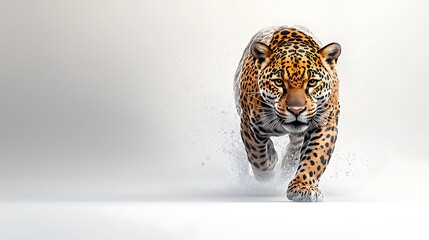 A sleek jaguar with powerful features, captured in mid-stride with fine details of its spots and muscles, set against a simple white backdrop. Ultra-Realistic, Photo Realistic, highly detailed, 