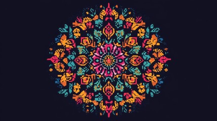 A colorful pixelated folk art mandala design, with symmetrical patterns and vibrant hues arranged digitally in a circular form