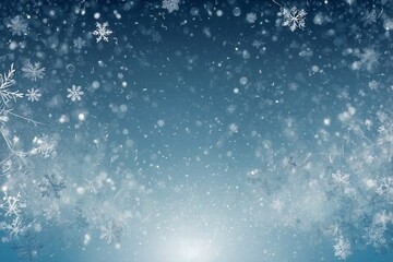 Fototapeta premium Christmas Background with Falling Snowflakes and Stars in Silver-Light Blue Tones