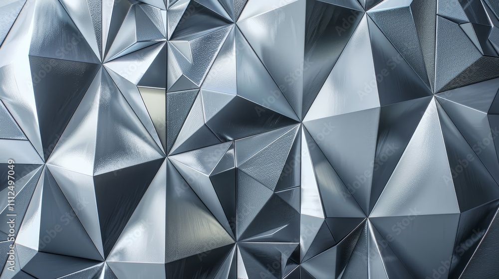 Poster metallic surface formed by multiple triangles reflecting light, creating an abstract and modern desi