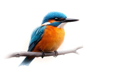 A vibrant kingfisher with striking blue and orange feathers, perched elegantly on a branch, captured against a smooth white backdrop. Ultra-Realistic, Photo Realistic, highly detailed, 