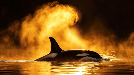 Silhouette of an orca and dorsal fin with a blow cloud reflected in the sunlight, 