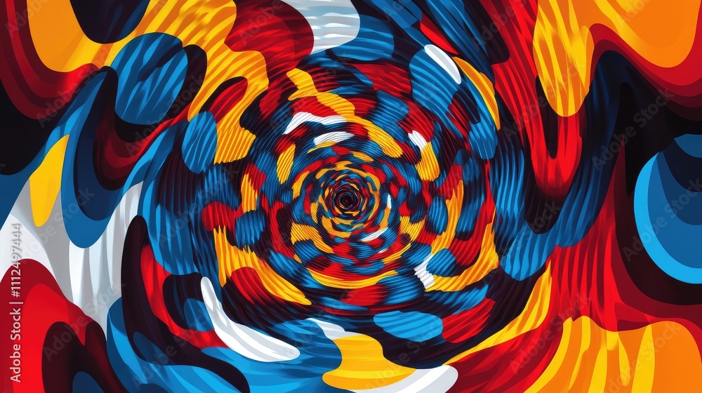 Poster a colorful pixelated illusion art with distorted circles, creating a hypnotic swirling effect in sha