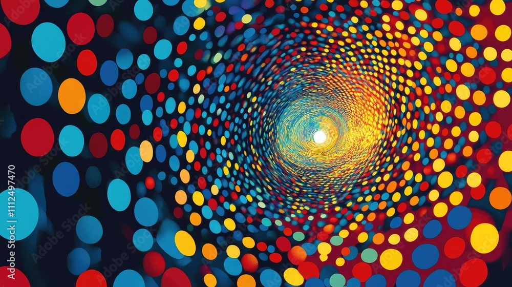 Poster a colorful pixelated illusion art with distorted circles, creating a hypnotic swirling effect in sha