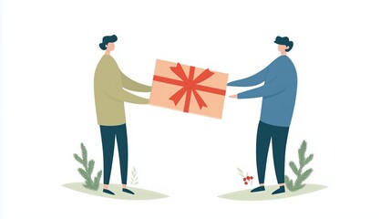 Handing Over a Gift Box with Red Ribbon Between Two People in Minimalist Style for Holiday Celebrations and Festive Occasions in a Simple and Elegant Design Featuring Greenery Elements