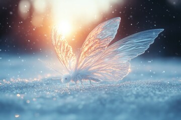 A magical snow sprite-like creature with delicate icy wings and sparkling snowflake details, floating gently in a serene winter landscape under soft sunlight