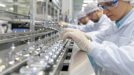 A laboratory worker in protective gear operates machinery in a clean, sterile environment focused on quality control in pharmaceutical production.