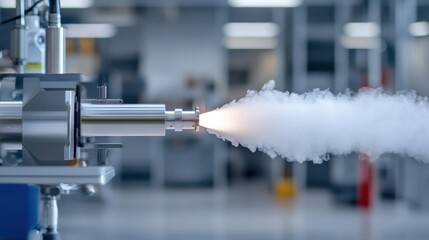 Close-up of a rocket engine expelling vaporized gas during a test in a clean, modern industrial facility.