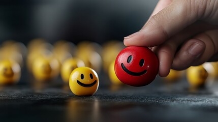 A hand reaching for a red smiley face among yellow ones, symbolizing choice and positivity. Bright colors create a cheerful atmosphere.