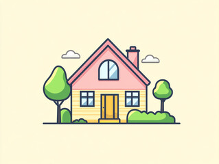 A house with a simple door, window and a chimney. The house is situated on a yellow background.