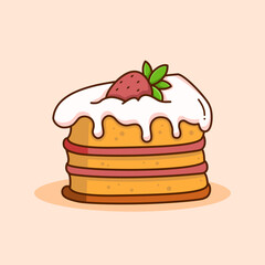 Vector illustration of sliced ​​vanilla cake with sweet strawberry topping designed in cute cartoon flat style, Sweet snack theme design.
