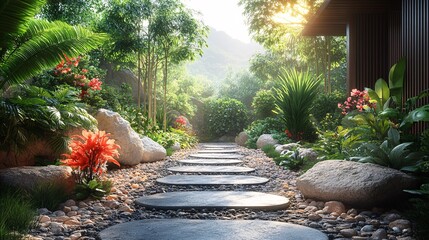 Obraz premium Serene Garden Pathway with Lush Greenery and Flowers