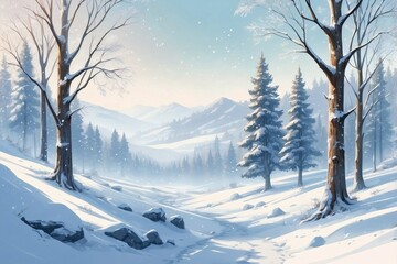 Winter Snowy Landscape with Trees and Snowflakes in a Festive Atmosphere